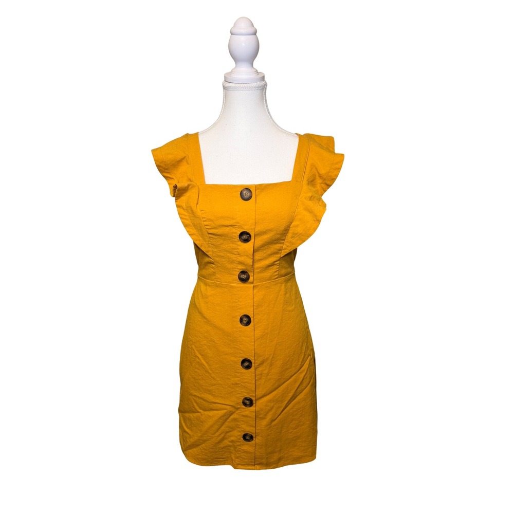 MOD On Trend Mustard Yellow Button Front Mini Dress Small